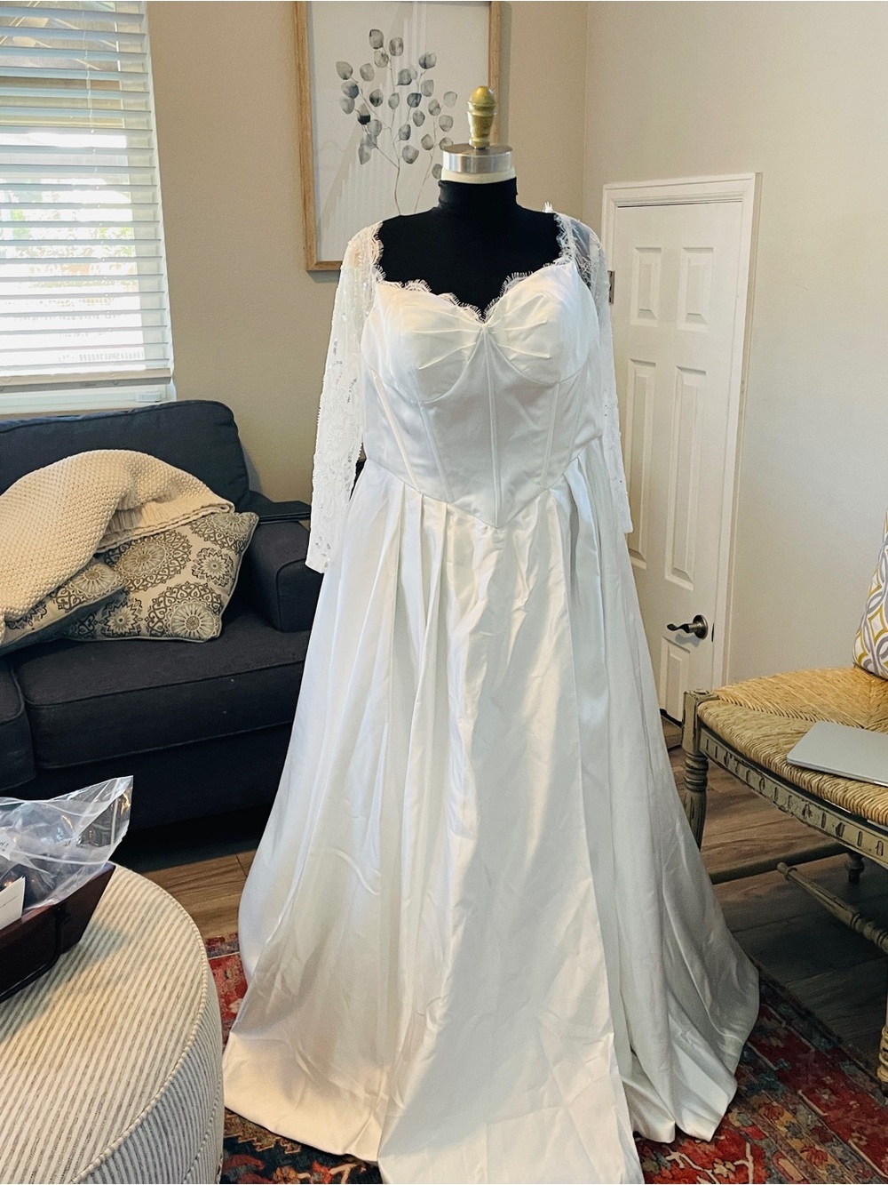 Classic White Wedding Gown with Lace Sleeves corset front and back